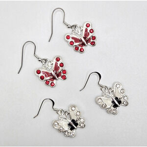 Butterfly Earrings Red White Rhinestone Silvertone Pierced Cute Whimsy Lot Of 2